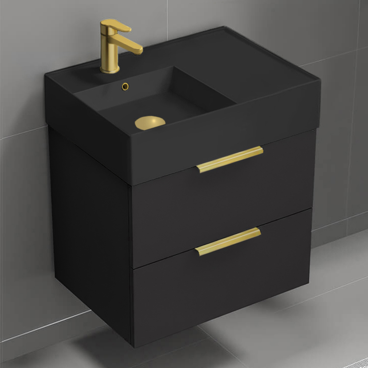 Bathroom Vanity Floating Small Black Bathroom Vanity, Modern, 24 Inch, Gold Handles Nameeks DERIN193